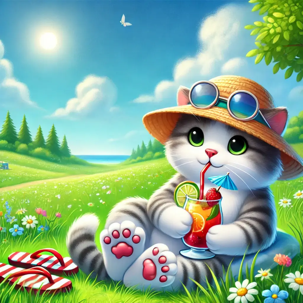 Un chat allongé paisiblement dans une prairie ensoleillée. Le chat a un bob et des tongs. Il boit un cocktail de fruits.