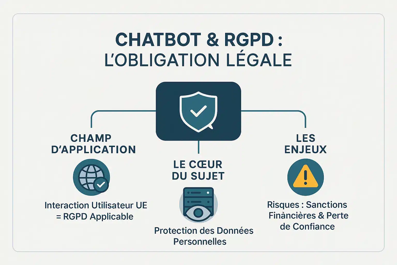 Illustration d'un chatbot sous surveillance RGPD avec des données personnelles protégées par un bouclier légal