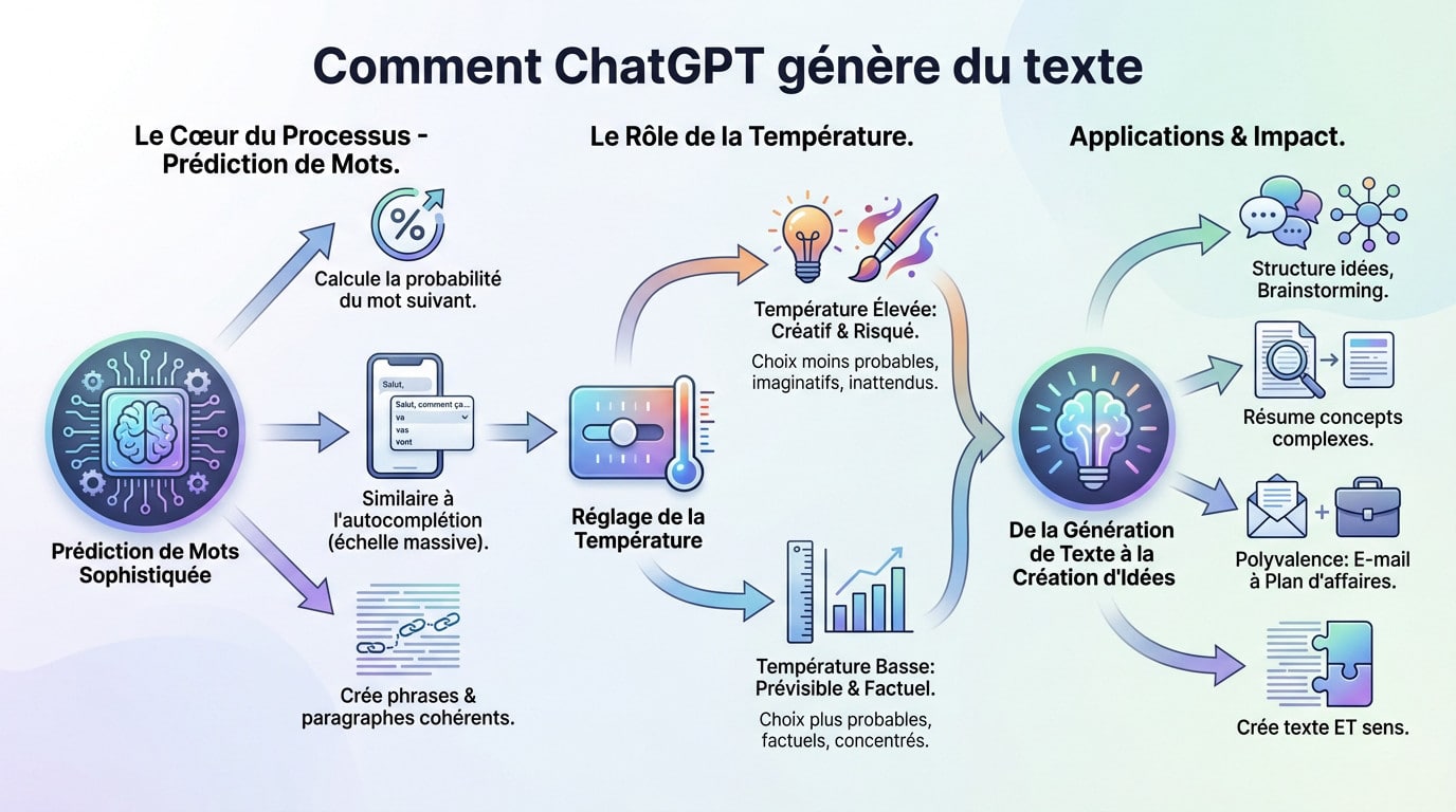 Schéma illustrant le processus de génération de texte par l'intelligence artificielle de ChatGPT