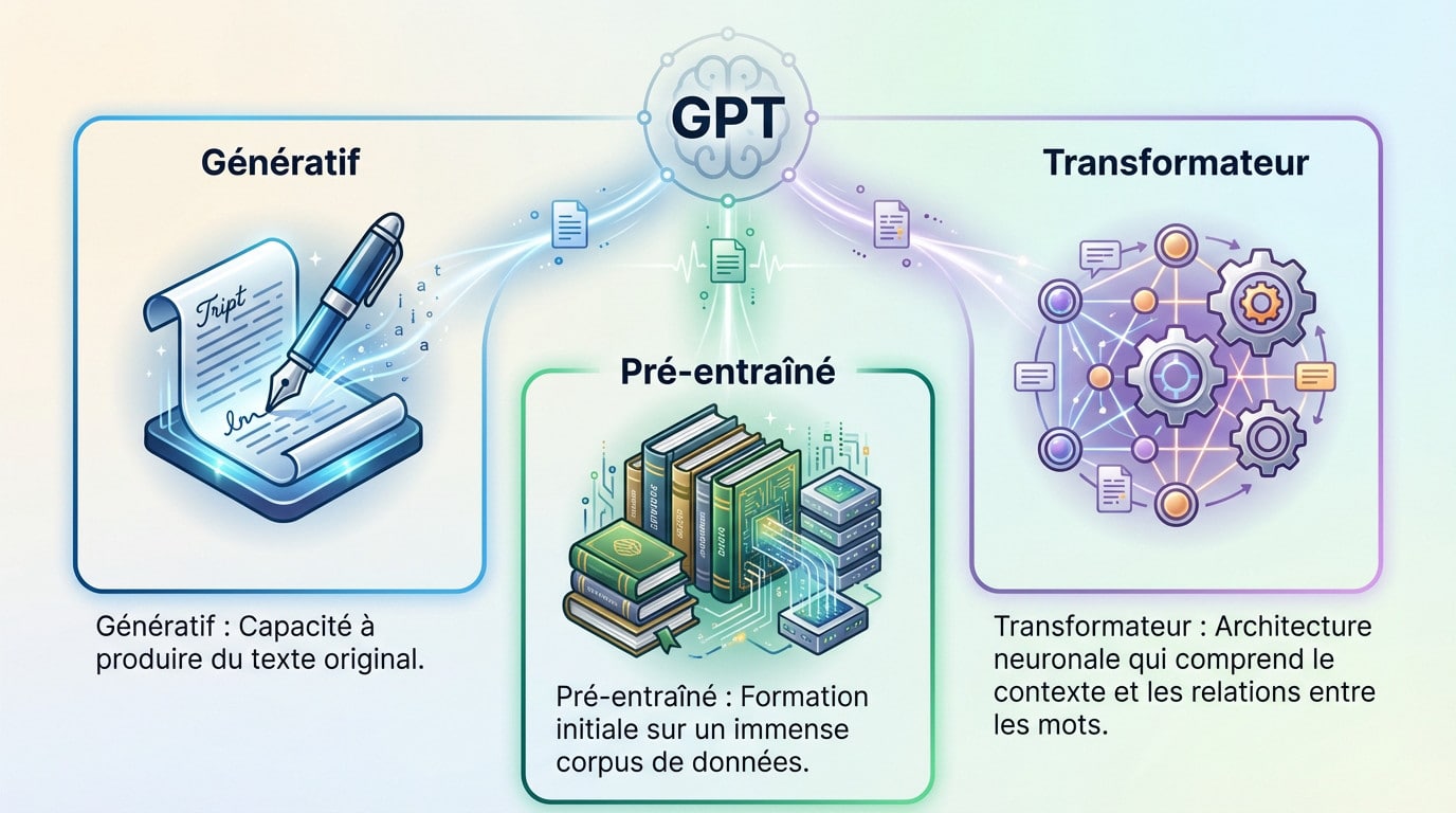 Infographie expliquant les trois composants de l'acronyme GPT : Génératif, Pré-entraîné et Transformateur