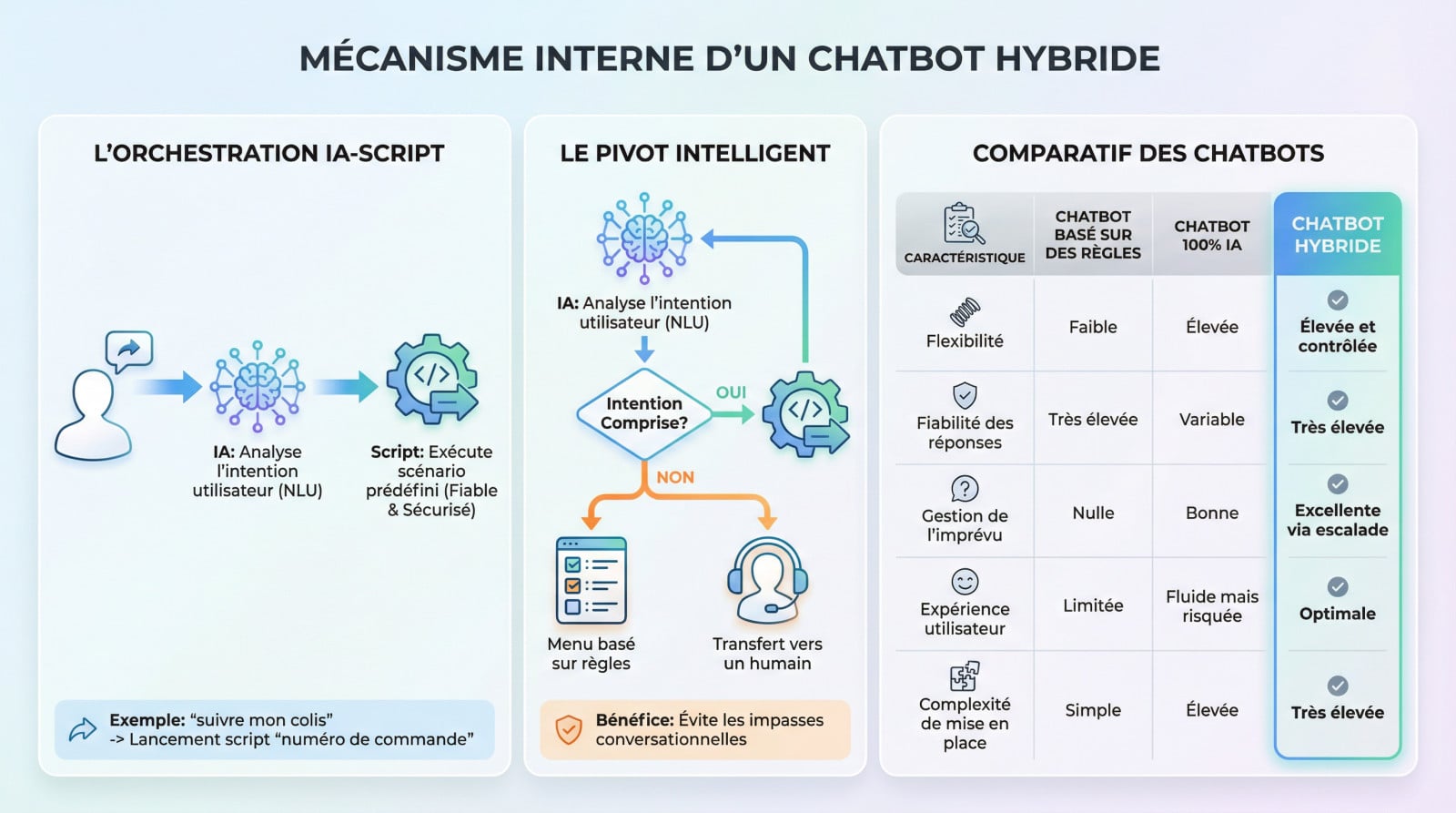 Schéma explicatif du fonctionnement interne d'un chatbot hybride