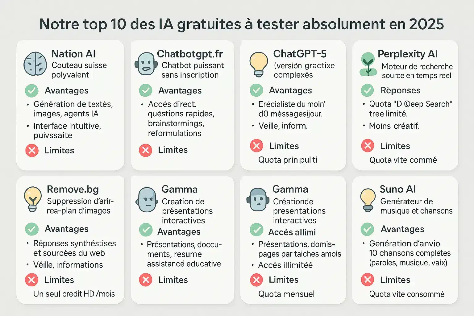 Illustration présentant une sélection des meilleures intelligences artificielles gratuites pour l'année 2025