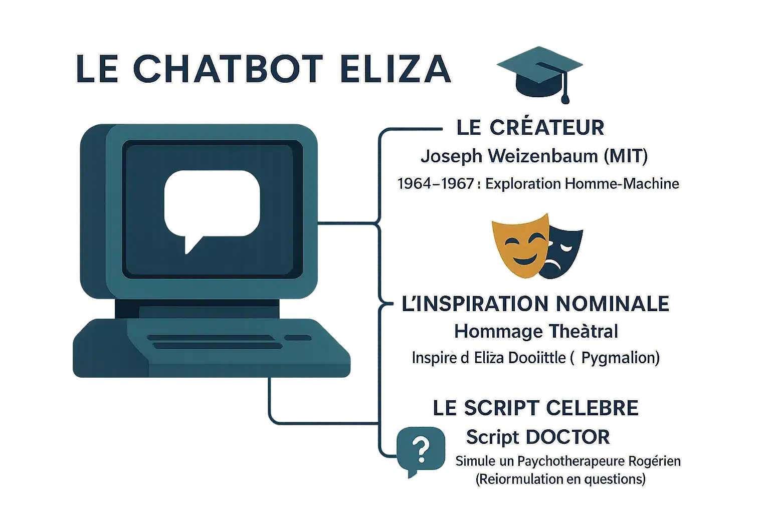 Illustration montrant ELIZA, le premier chatbot simulant un psychothérapeute dans les années 60
