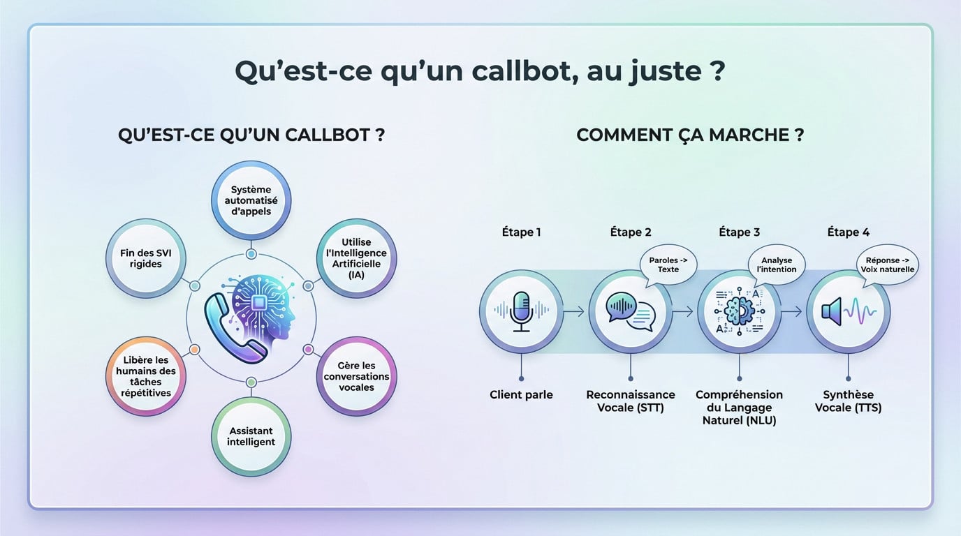 Illustration schématique du fonctionnement d'un callbot traitant une conversation téléphonique via l'intelligence artificielle