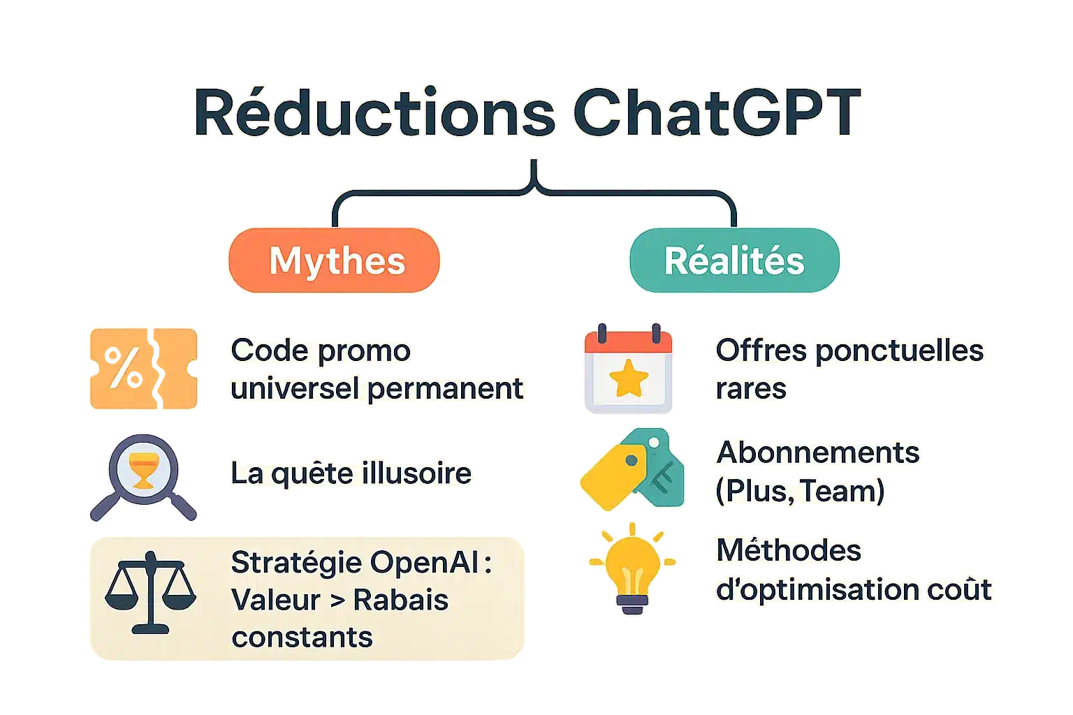 Illustration montrant une loupe sur le logo ChatGPT avec des symboles de pourcentage, symbolisant la recherche de réductions.