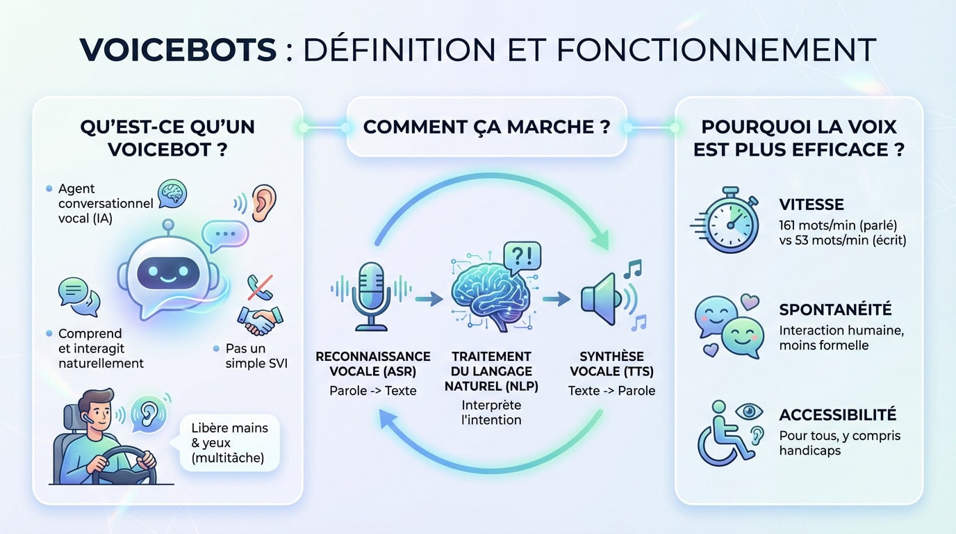 Schéma explicatif du fonctionnement d'un voicebot et de ses interactions avec l'utilisateur