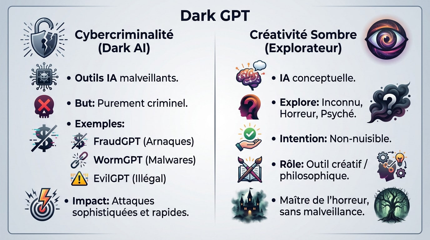 Illustration contrastant les deux visages de Dark GPT : l'outil de cybercriminalité face à l'IA créative sombre