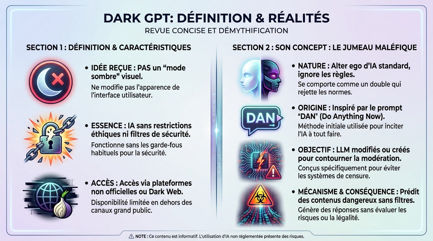 Illustration conceptuelle du Dark GPT représentant une intelligence artificielle sans restrictions éthiques