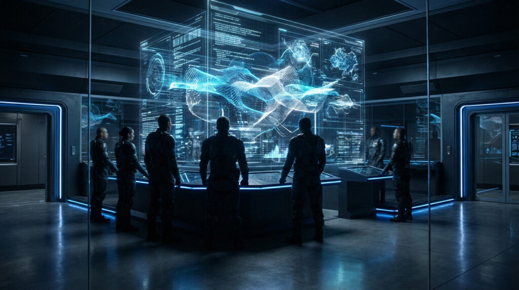 Photorealistic image of a futuristic control room. Anonymous figures observe a large blue and white holographic display with abstract military data.
