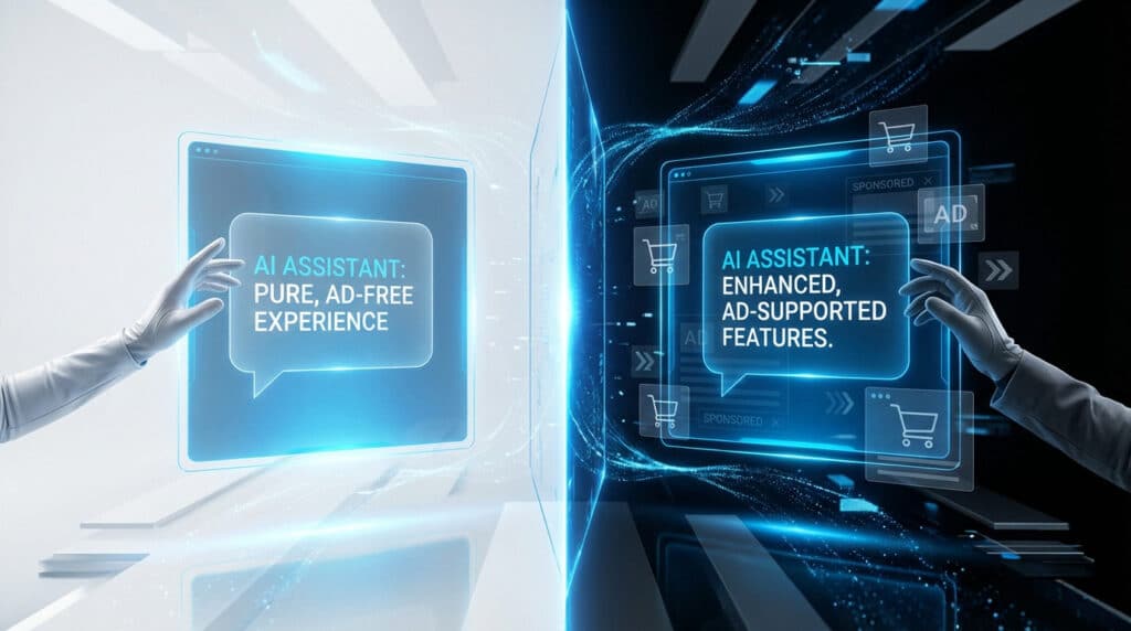 A futuristic image showing two AI chatbot interfaces. Left: pure, ad-free on white, hand hovering. Right: ad-supported on black, with ads, hand observing. Blue glow.