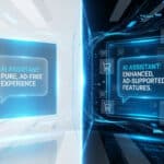 A futuristic image showing two AI chatbot interfaces. Left: pure, ad-free on white, hand hovering. Right: ad-supported on black, with ads, hand observing. Blue glow.