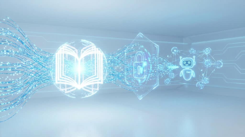 Digital art: Glowing book emits blue data streams through a security lock to an AI chatbot and neural network on a white background.