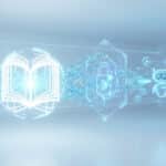 Digital art: Glowing book emits blue data streams through a security lock to an AI chatbot and neural network on a white background.