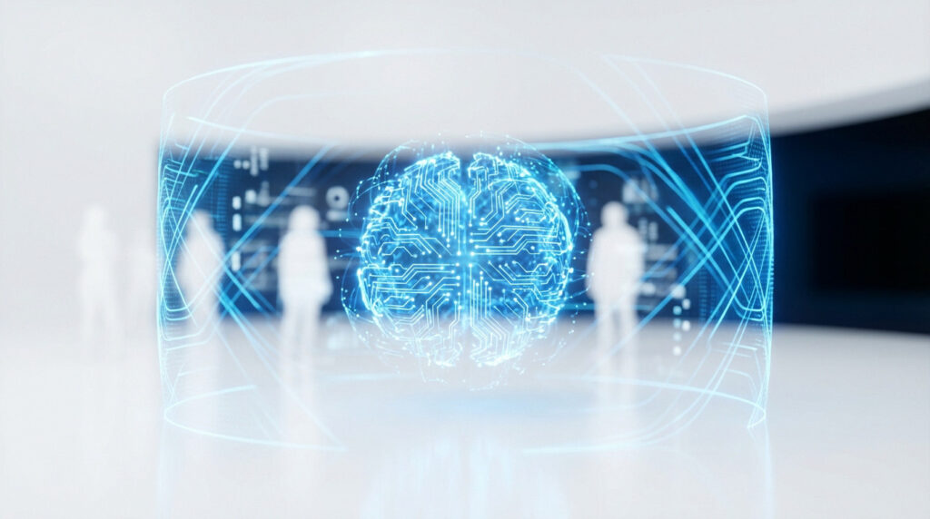 A glowing blue digital brain, focal point, within a luminous blue protective barrier. Blurred white human silhouettes behind, symbolizing AI ethical control.