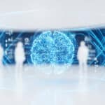 A glowing blue digital brain, focal point, within a luminous blue protective barrier. Blurred white human silhouettes behind, symbolizing AI ethical control.