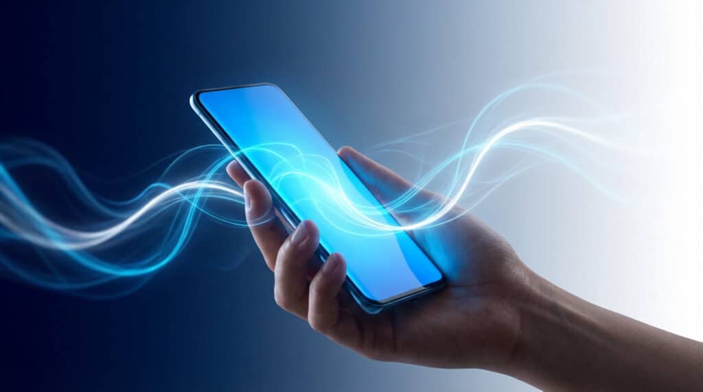 Generic hand holding a modern smartphone. Its screen emits a vibrant blue glow with flowing AI patterns against a blue-to-white gradient background.