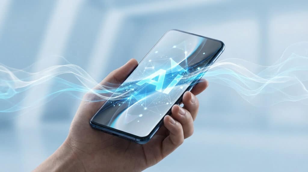 Hand holds sleek smartphone with glowing blue/white AI interface, geometric patterns, and emanating data streams on a futuristic background.