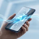 Hand holds sleek smartphone with glowing blue/white AI interface, geometric patterns, and emanating data streams on a futuristic background.