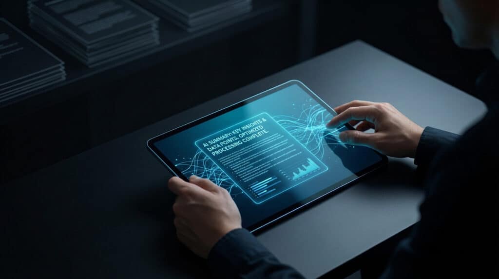 Hands interact with a digital tablet displaying an AI summary and data visualizations in glowing blue against a dark, high-tech background.