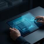 Hands interact with a digital tablet displaying an AI summary and data visualizations in glowing blue against a dark, high-tech background.