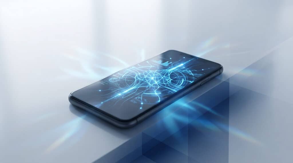 Photorealistic image of a smartphone displaying a glowing electric blue AI neural network interface on a clean white and gray background.