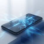 Photorealistic image of a smartphone displaying a glowing electric blue AI neural network interface on a clean white and gray background.