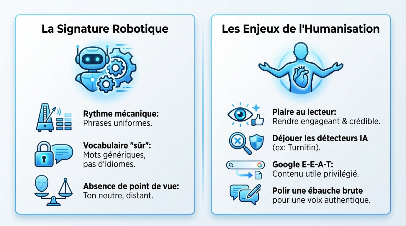 Schéma illustrant la signature robotique d'un texte IA et les enjeux de son humanisation
