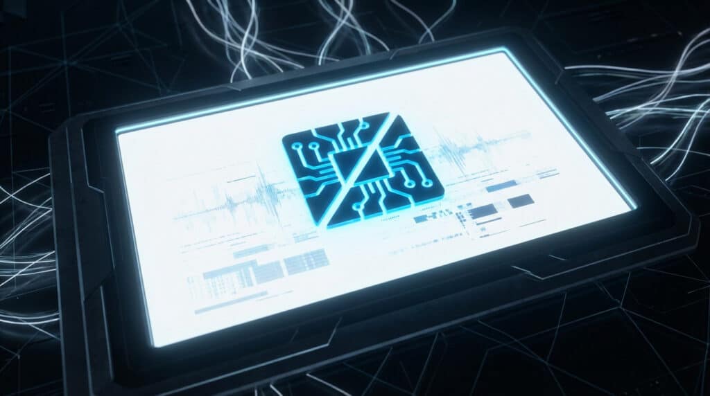 Futuristic screen displays a glowing blue broken circuit icon on white, with subtle data patterns against a dark, networked background.