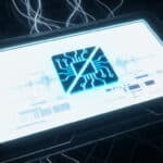 Futuristic screen displays a glowing blue broken circuit icon on white, with subtle data patterns against a dark, networked background.