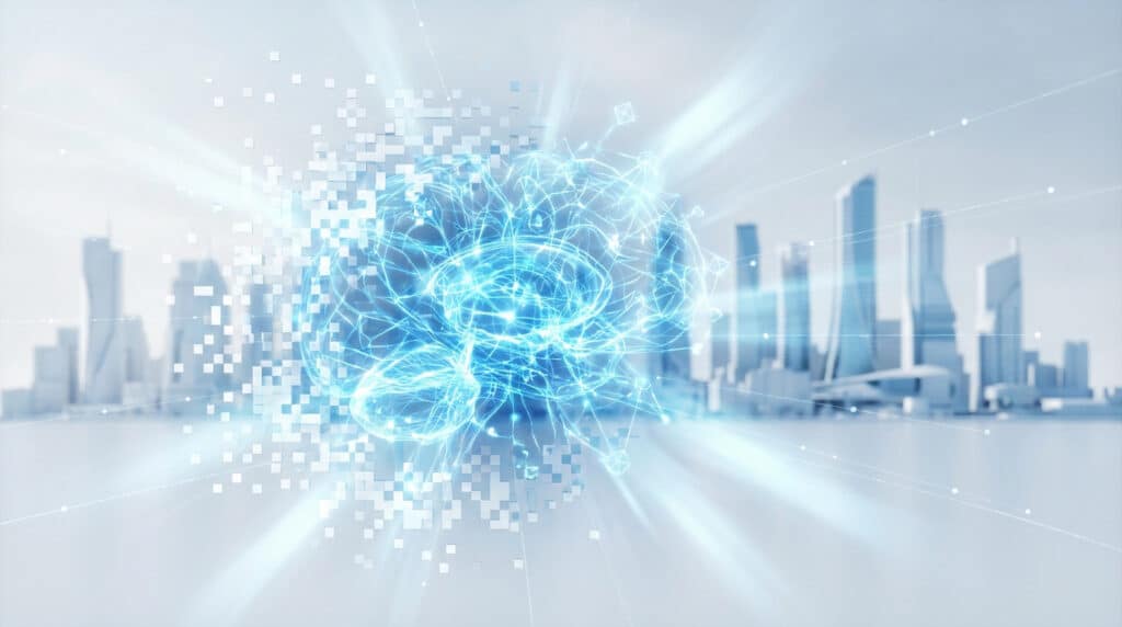 Glowing blue AI brain-like network emerging from digital pixels against a blurred futuristic white and light blue cityscape.