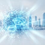 Glowing blue AI brain-like network emerging from digital pixels against a blurred futuristic white and light blue cityscape.