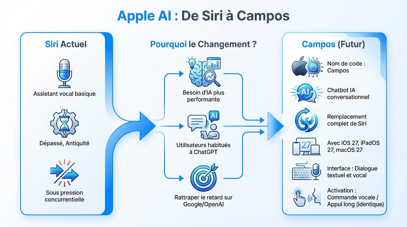 Evolution de l'assistant Apple du logo Siri vers le projet Campos IA