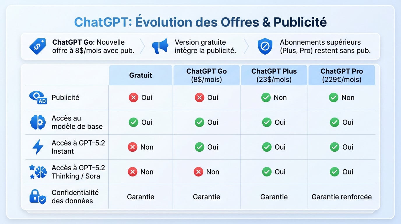 Graphique illustrant l'évolution des offres ChatGPT avec l'arrivée de la publicité et de l'abonnement Go