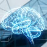 Glowing blue and white AI brain with neural network against a blurred modern background, featuring abstract legal documents and a magnifying glass overlay, symbolizing technological oversight.