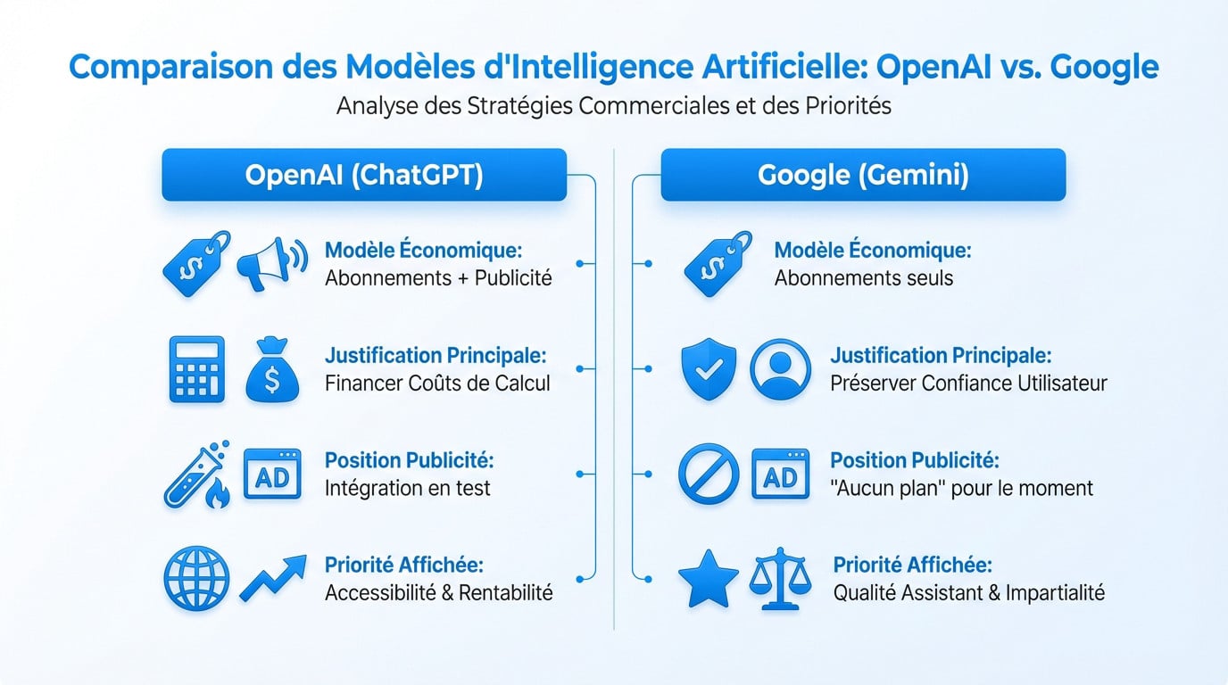 Comparaison visuelle entre l'interface de ChatGPT avec publicité et Gemini sans publicité