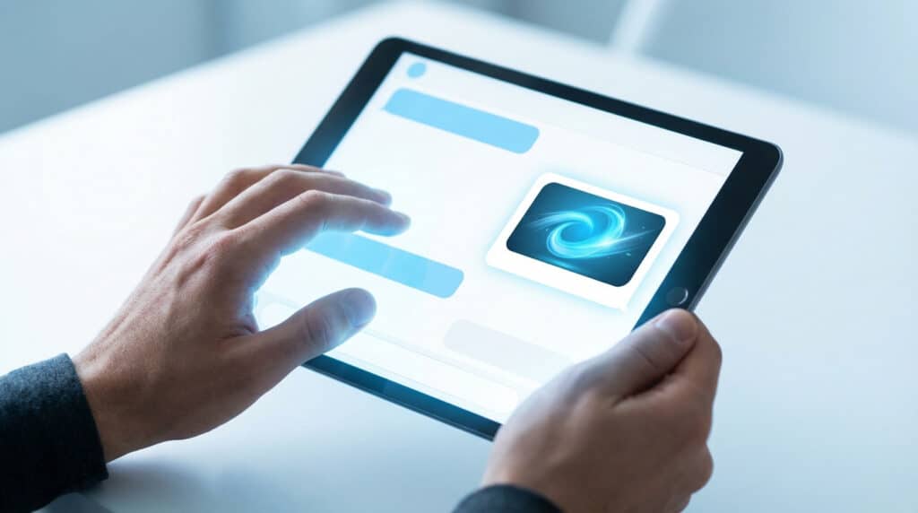 Anonymous hands interact with a tablet displaying an AI chat interface. A white bubble shows a glowing blue abstract graphic, symbolizing a subtle integrated ad. Futuristic blue light illuminates the scene.