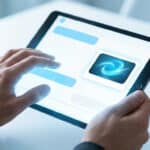 Anonymous hands interact with a tablet displaying an AI chat interface. A white bubble shows a glowing blue abstract graphic, symbolizing a subtle integrated ad. Futuristic blue light illuminates the scene.