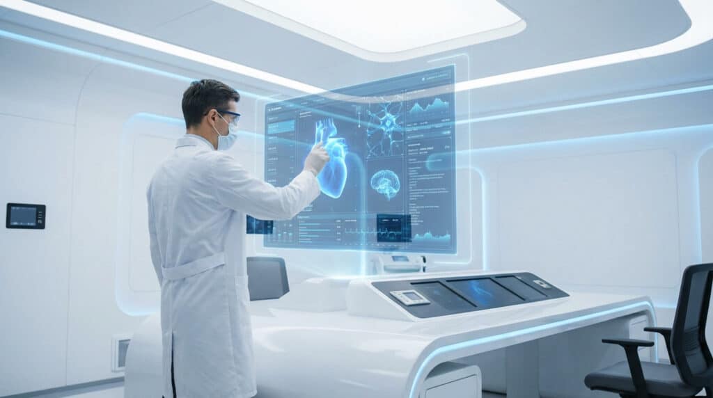 Medical professional in white coat and mask interacts with a vibrant blue holographic display showing heart, brain, and neuron data in a modern white lab.