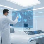 Medical professional in white coat and mask interacts with a vibrant blue holographic display showing heart, brain, and neuron data in a modern white lab.