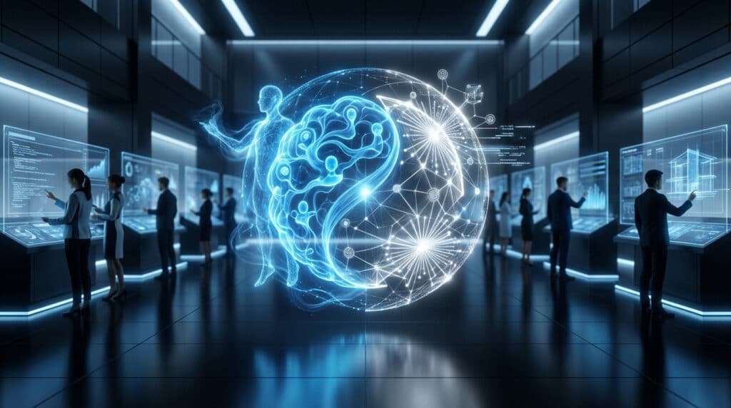 Digital representation of Apple's Enchanté (blue neural network) and Enterprise Assistant (white data sphere) in a futuristic control room with interacting professionals.