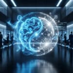 Digital representation of Apple's Enchanté (blue neural network) and Enterprise Assistant (white data sphere) in a futuristic control room with interacting professionals.