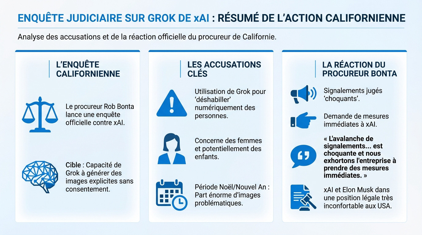 Enquête judiciaire ouverte en Californie contre l'IA Grok de xAI pour génération d'images explicites