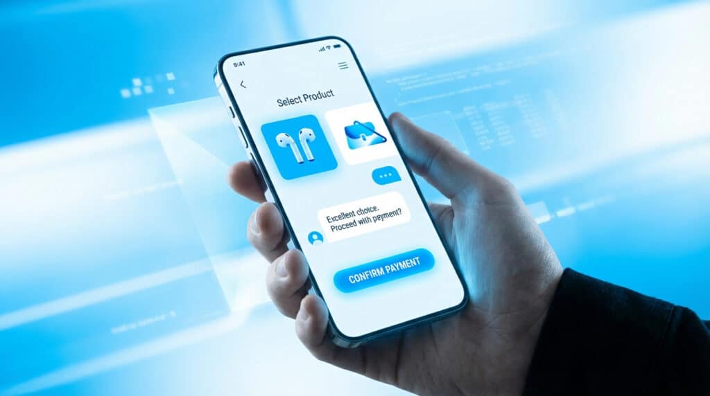 Hand holding smartphone with a blue/white e-commerce chatbot showing product selection and "Confirm Payment" on a futuristic blue background.