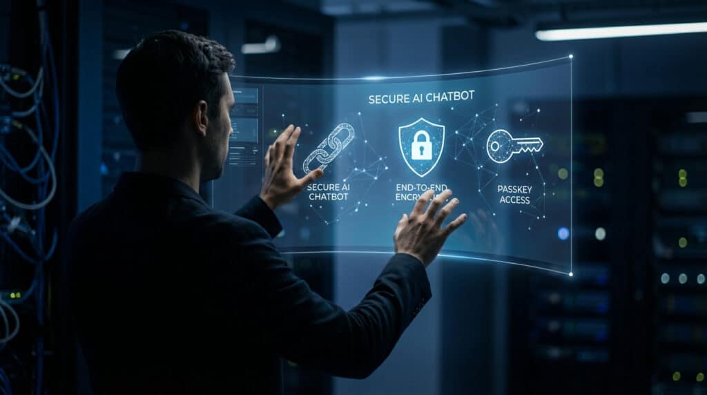Figure interacts with glowing blue holographic AI chatbot interface showing end-to-end encryption and passkey symbols in a dark server room.