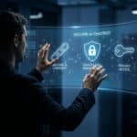 Figure interacts with glowing blue holographic AI chatbot interface showing end-to-end encryption and passkey symbols in a dark server room.