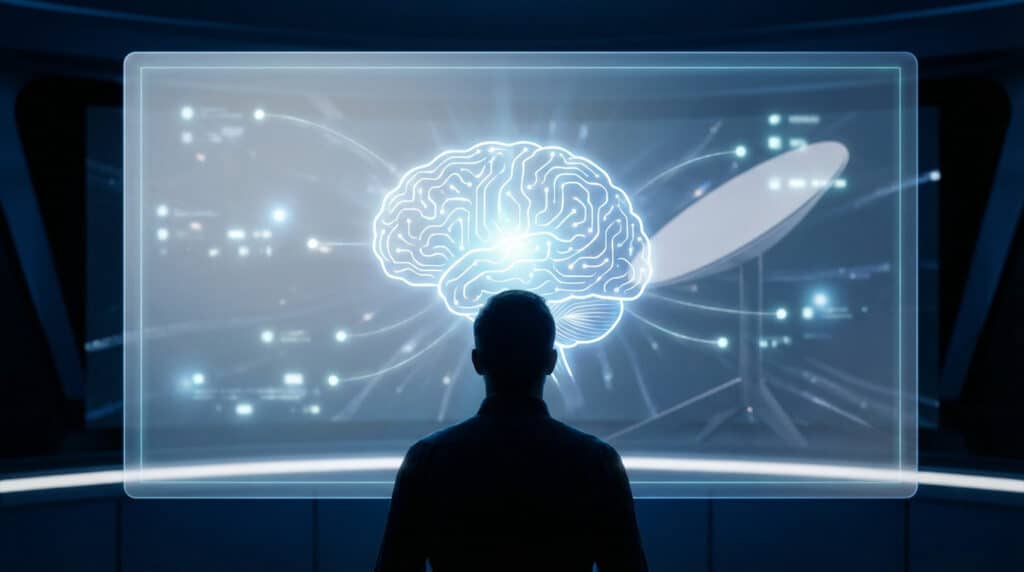Silhouette views glowing AI brain on futuristic blue interface with Starlink dish, symbolizing innovation and connectivity.