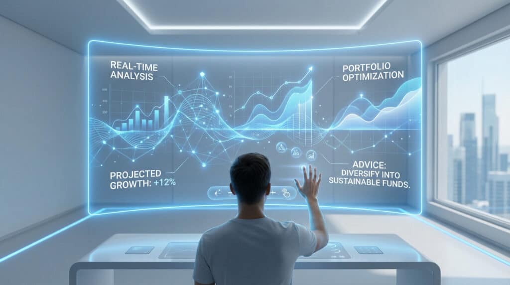 Pessoa interage com uma tela holográfica azul vibrante de IA financeira, exibindo gráficos e conselhos em um escritório moderno.