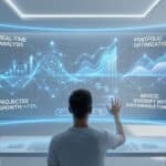 Pessoa interage com uma tela holográfica azul vibrante de IA financeira, exibindo gráficos e conselhos em um escritório moderno.