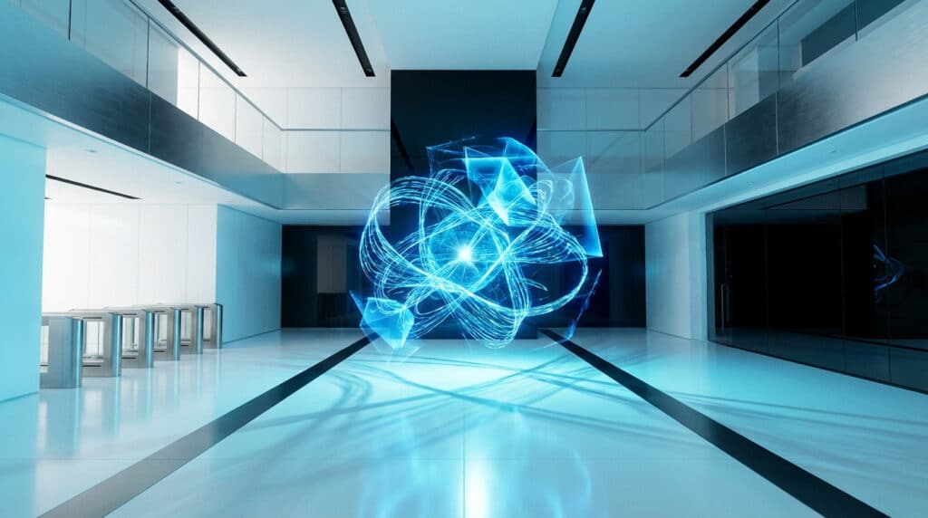 Luminous blue abstract AI interface, symbolizing Grok, in a modern, white and black high-security facility with turnstiles.