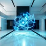 Luminous blue abstract AI interface, symbolizing Grok, in a modern, white and black high-security facility with turnstiles.